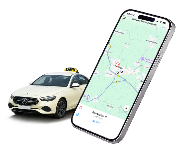 Ein Smartphone mit geöffneter Taxi-App zeigt eine Kartenansicht mit Standortmarkierung und dem Hinweis „Nächstes Taxi in 6 Minuten“; daneben steht ein weißes Taxi mit gelbem Dachzeichen.